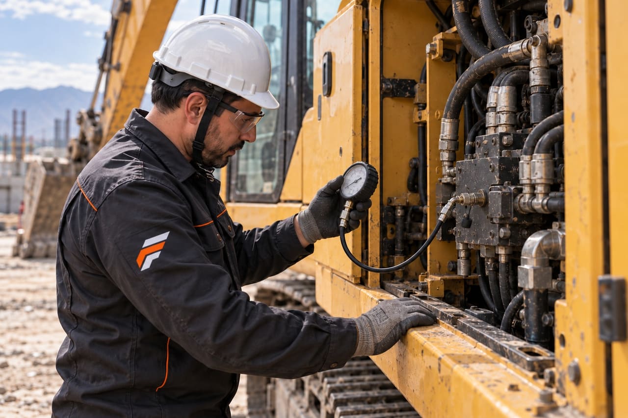 Imagen ilustrativa: técnico FIXES midiendo la presión del circuito hidráulico de una excavadora