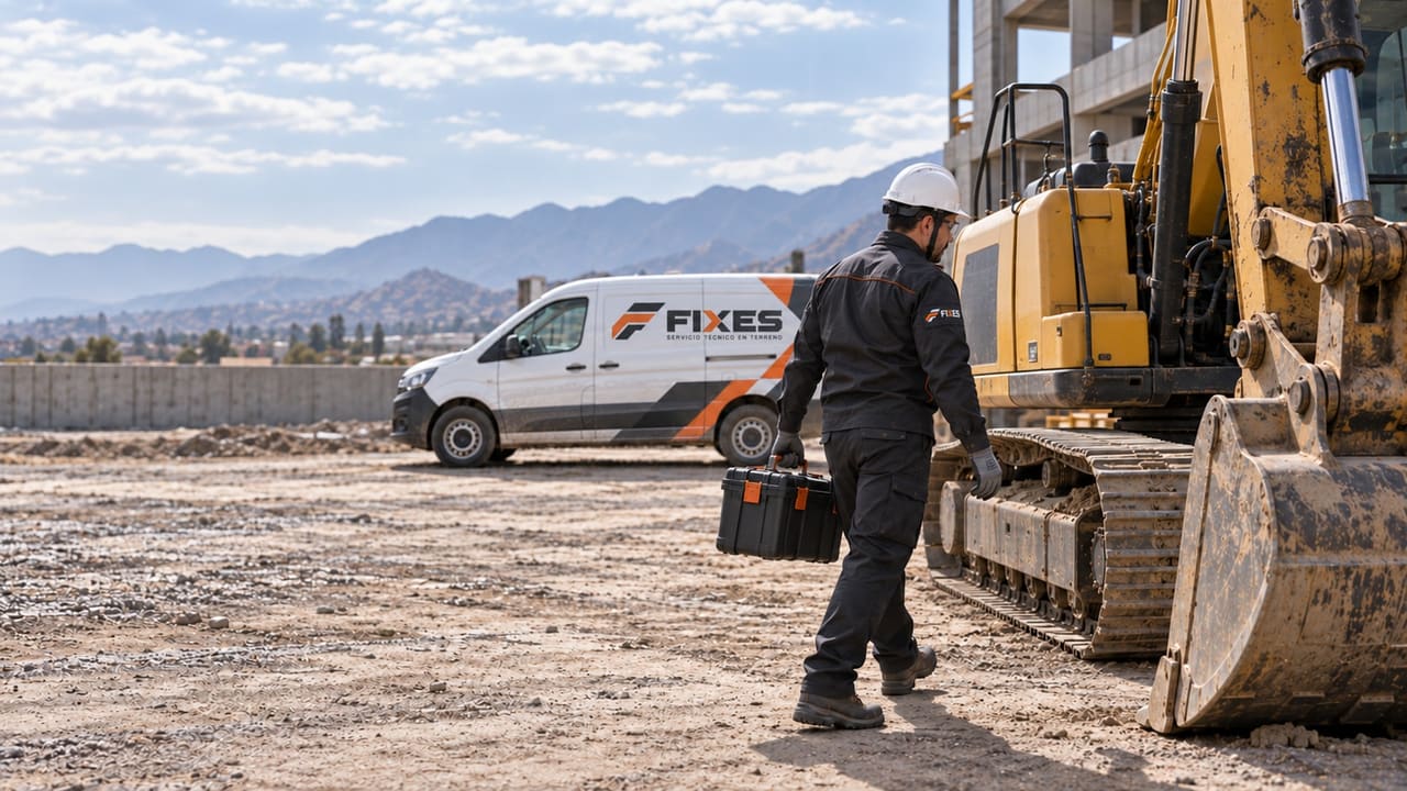 Imagen ilustrativa: técnico FIXES caminando con su caja de herramientas hacia una excavadora en obra, con la van FIXES al fondo