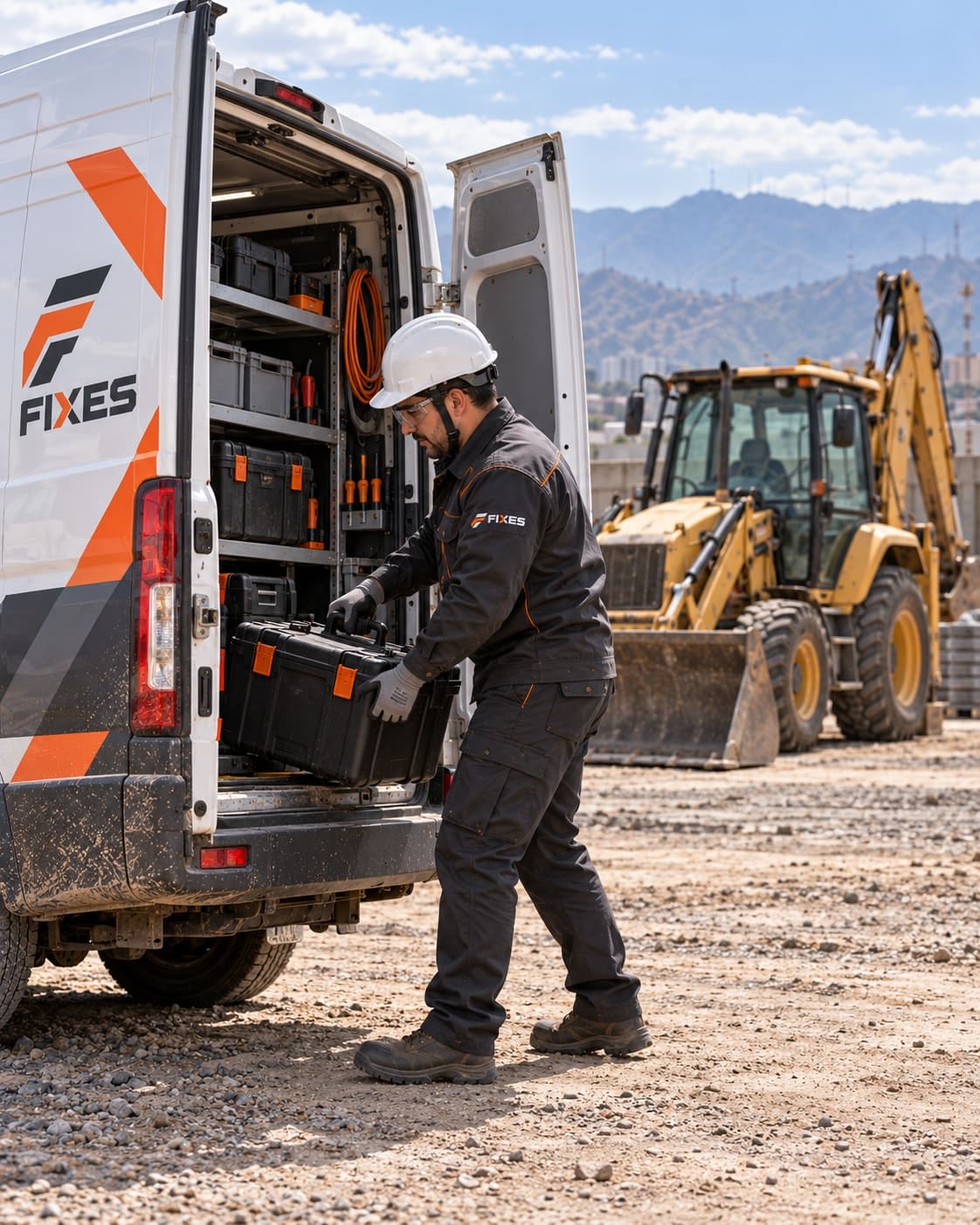 Imagen ilustrativa: técnico FIXES descargando su caja de herramientas desde la van FIXES en la obra