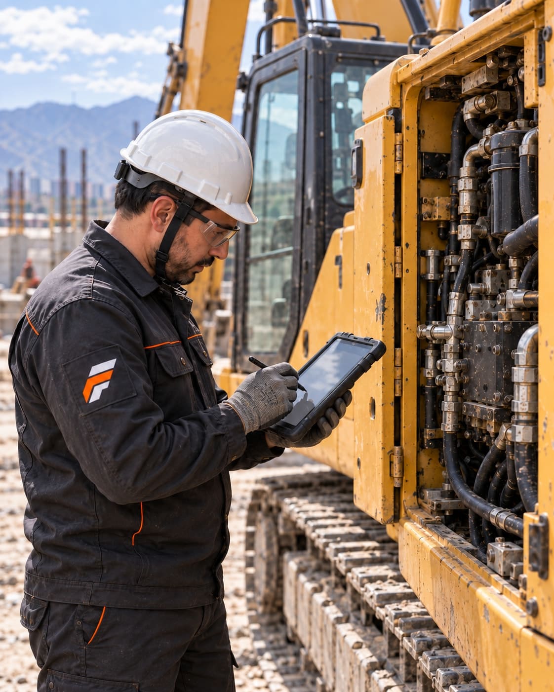 Imagen ilustrativa: técnico FIXES registrando la inspección en una tablet junto a la excavadora